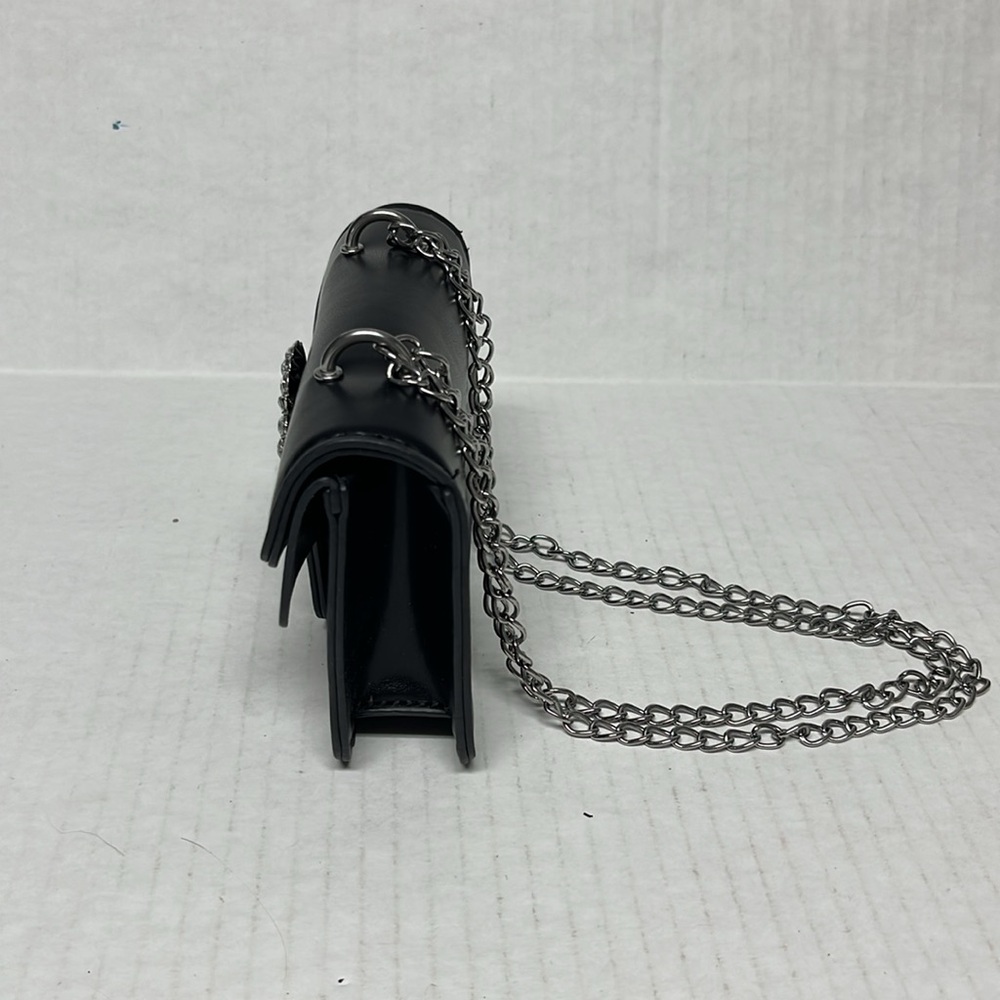 Black leather Rhinestone embellished chain shoulder party Mini Bag night out - Picture 11 of 16
